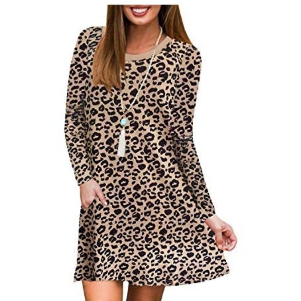 ZESICA Damask Print Long Sleeve Dress with Pocket in Leopard- Size Small